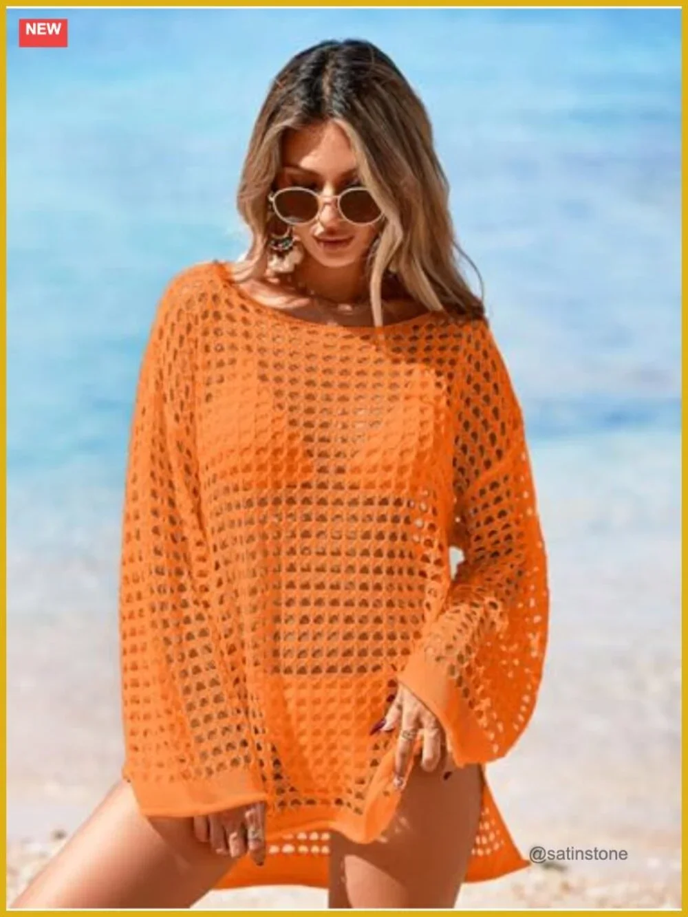 Crochet Swimsuit Cover Up Oversized Long Sleeve Mesh Knit Mini Dress